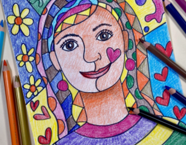 Colorful drawing of a smiling woman surrounded by hearts and flowers with colored pencils.