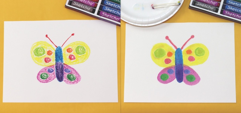 Colorful butterfly drawings with crayons and pastels on white paper.