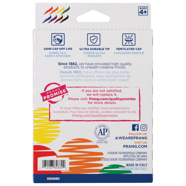 Prang Washable Kids Markers Bullet Tip Assorted Colors 8/Pack (80680)  X80680