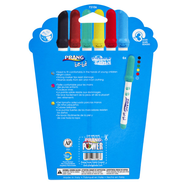 6-Pack 73106 Washable PRANG be-be Jumbo Art Markers for Small Children Assorted Colors 