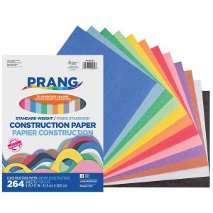 A package of Medium Weight Construction Paper in assorted colors, featuring 264 sheets of 9 x 12-inch paper, with a cover that showcases the vibrant colors included in the set.