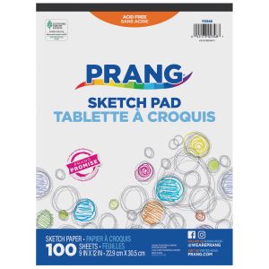 Medium Weight Construction Paper with 100 sheets of 9 x 12 inch, acid-free sketch paper. The cover features colorful, abstract doodles and promotes the brand's social media.