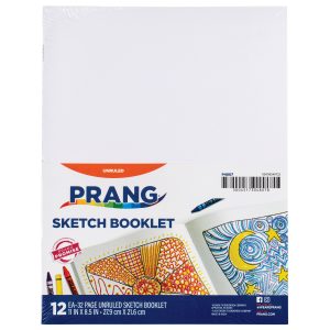 A 12-pack of Medium Weight Construction Paper booklets, each containing 32 unruled pages measuring 11 x 8.5 inches. The cover shows colorful drawings of an owl and abstract shapes.