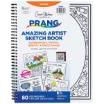 A spiral-bound sketch book featuring superhero, pirate, robot, and space-themed drawings titled "Medium Weight Construction Paper." The book has 80 pages of mixed media paper and measures 11 x 8.5 inches.