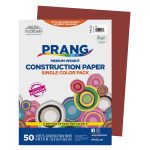 Image of a Prang Medium Weight Construction Paper pack containing 50 sheets of 9" x 12" red paper. The packaging highlights features such as even cuts and folds without cracking.