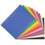 A fan arrangement of Medium Weight Construction Paper sheets in various colors including blue, green, yellow, orange, red, pink, brown, black, and white.