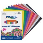 A pack of Medium Weight Construction Paper containing 200 sheets in 10 bright colors, displayed fanned out next to the cover that highlights its medium weight and dimensions of 9 x 12 inches.