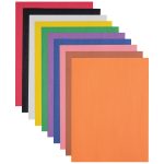 A stack of eleven sheets of Medium Weight Construction Paper arranged in descending order. The colors are orange, brown, purple, pink, blue, green, light blue, yellow, white, black, and red.