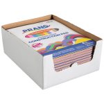 A box of Medium Weight Construction Paper with 10 assorted colors is open, revealing the colorful pads neatly stacked inside.