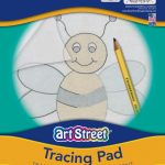 A tracing pad with a yellow pencil on top, showing a semi-transparent sheet with a bee drawing. The cover text reads "Medium Weight Construction Paper, 40 sheets, 9 in x 12 in, 22.9 cm x 30.5 cm.