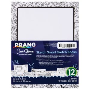 A pack of Prang Medium Weight Construction Paper, featuring 12 books of 11x8.5 inch size with 40 pages per book. The packaging showcases a collaboration with Cassie Stephens and includes creative examples on the cover.