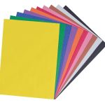 A stack of Medium Weight Construction Paper fanned out, showcasing sheets in yellow, green, blue, purple, red, brown,pink, black,and additional colors.