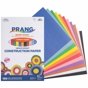 A pack of Prang Smart-Stack construction paper with 150 sheets in 11 bright colors arranged in a fan. The package shows "medium weight construction paper" text and images of colored circles.