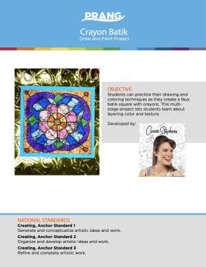 Decorative crayon batik artwork with a floral pattern in a square frame. Text provides project objectives and mentions a person, without revealing identity.