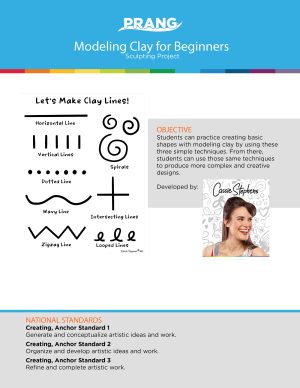 An educational poster on modeling clay for beginners showing types of clay lines, project objectives, developer photo, and relevant national art standards.